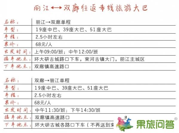 雙廊到麗江旅游專線直通車發(fā)車時間和價格表